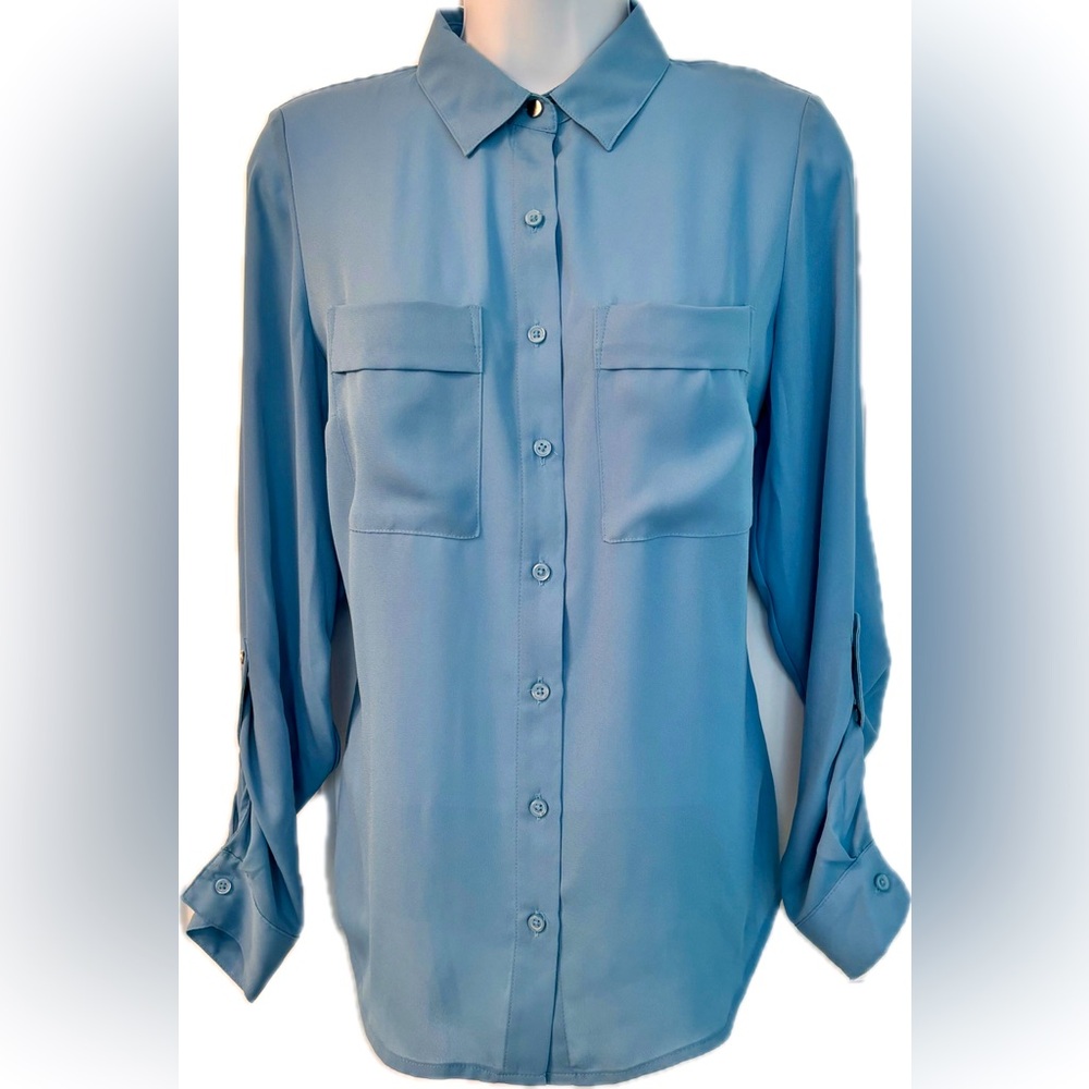 Sky Blue Blouse with front pockets, Button-Up front  and long sleeves with Tabs